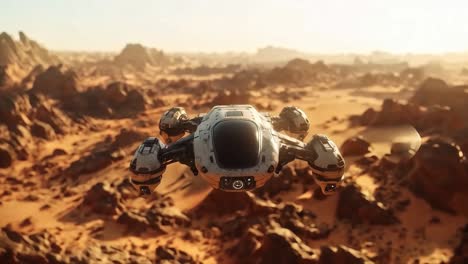 futuristic spaceship flying over desert landscape