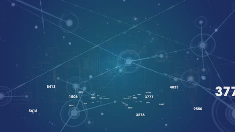 Animation-of-connected-dots-with-numbers-over-rotating-globe-against-blue-background