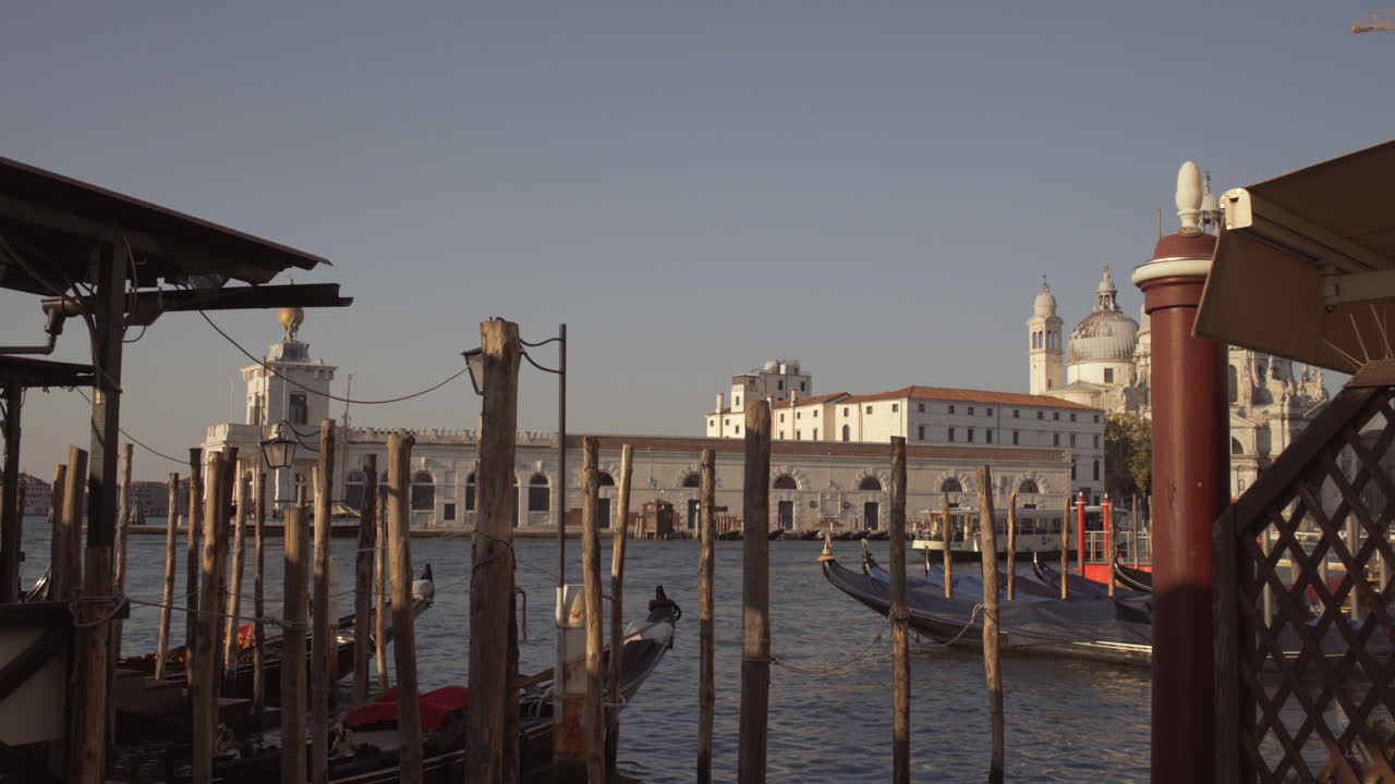 Campo lungo di gondole ormeggiate in un molo con paline in legno, Venezia, Italia