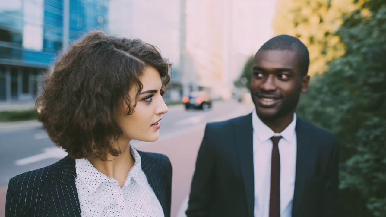 Passeggiata elegante in città: un giovane uomo e una giovane donna conversano vivacemente tra paesaggi urbani e architettura moderna