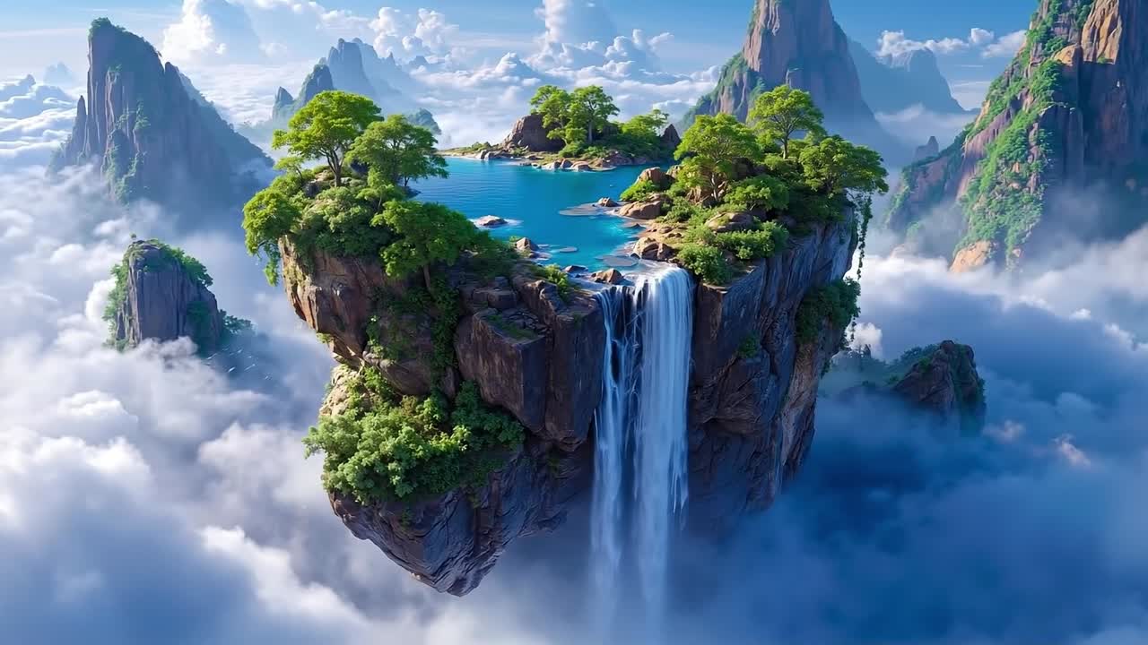 A small island in the middle of a mountain with a waterfall in the sky