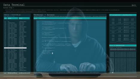 animation of data processing on computer screens over male hacker using computer