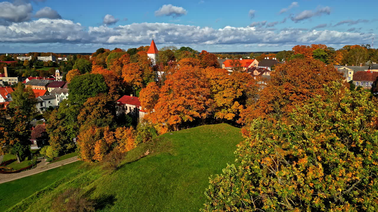 Aerial view of a picturesque town in autumn