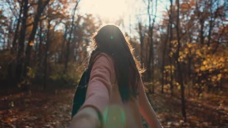 mujer explorando un camino de bosque soleado de otoño
