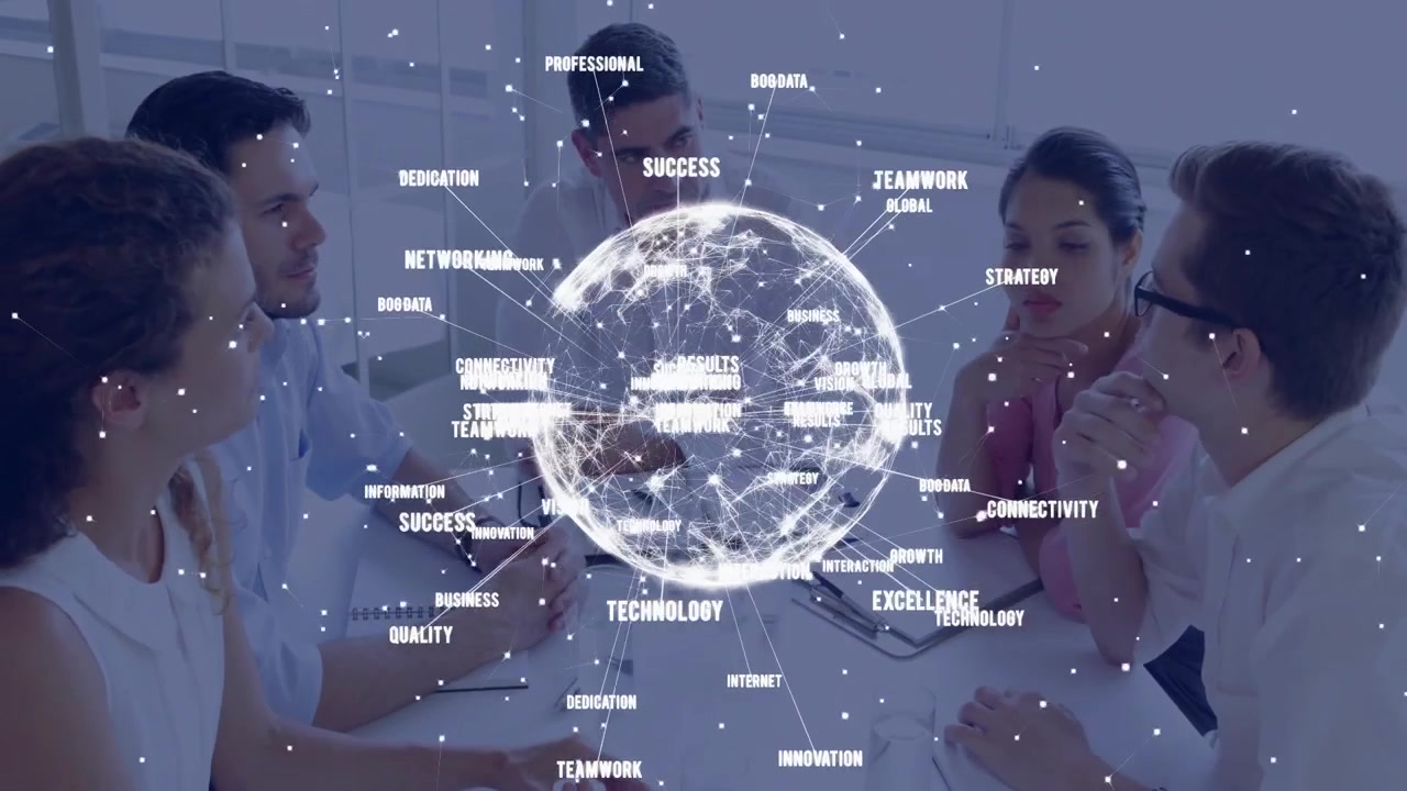 Business Team Collaborating in Office with Digital Global Network Overlay