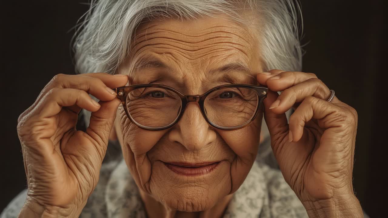 Donna anziana sorridente in studio che indossa una camicetta e un anello, che si aggiusta e si toglie gli occhiali con montatura marrone