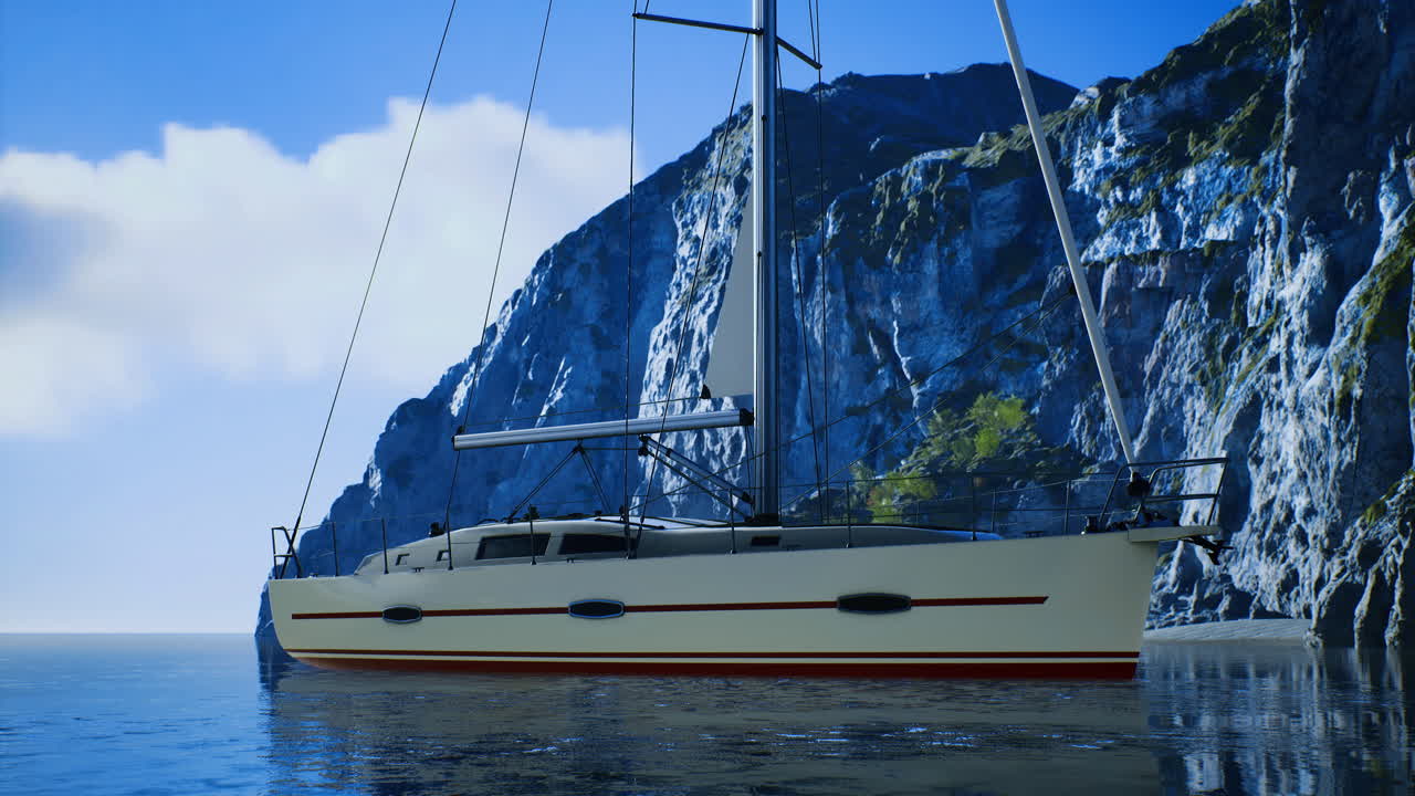 un velero anclado por acantilados en una costa panorámica soleada