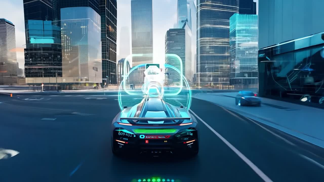 미래의 스포츠카가 고속으로 네온빛으로 조명된 도시 풍경을 지나간다.