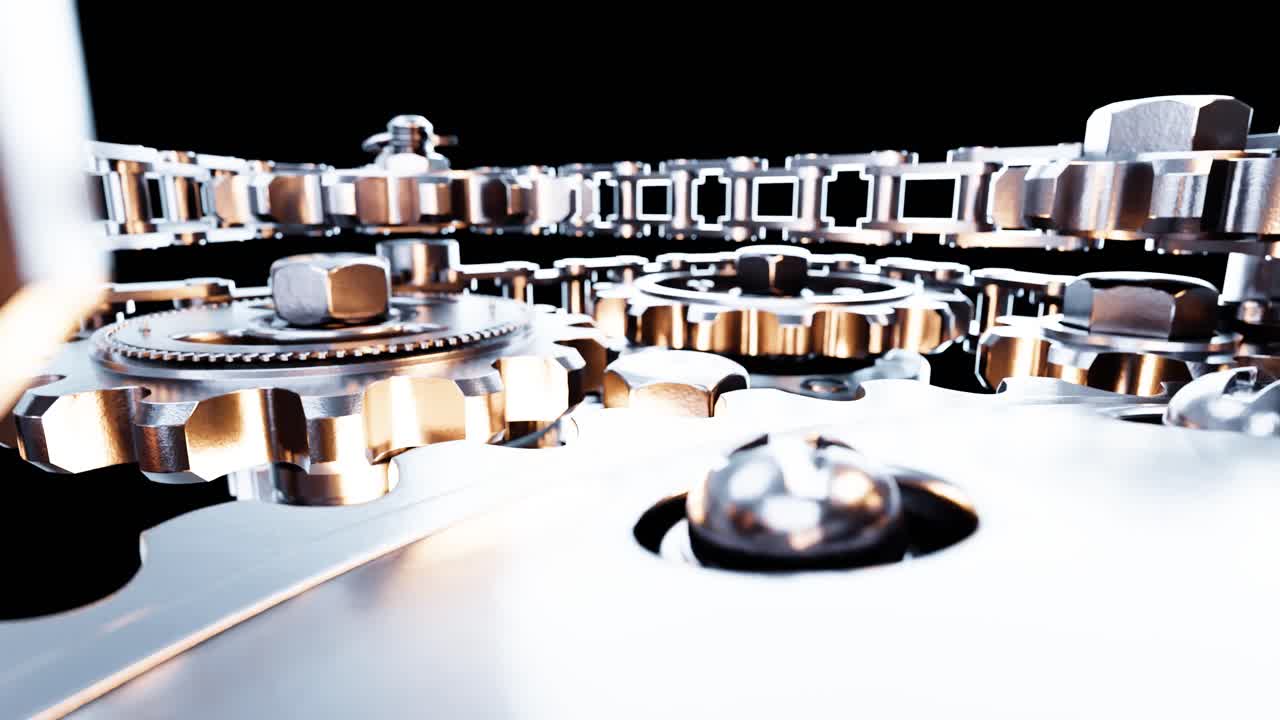 Detailed View of Rotating Metallic Gears and Chain System
