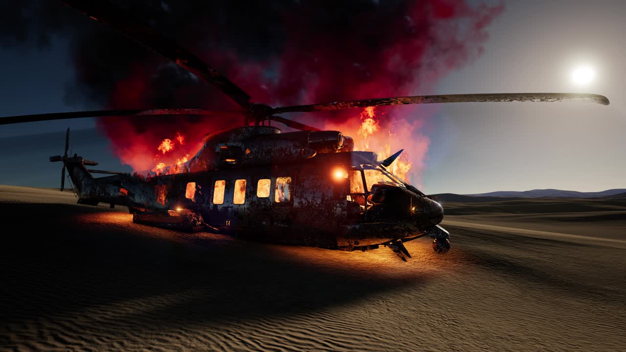 elicottero militare bruciato nel deserto al tramonto