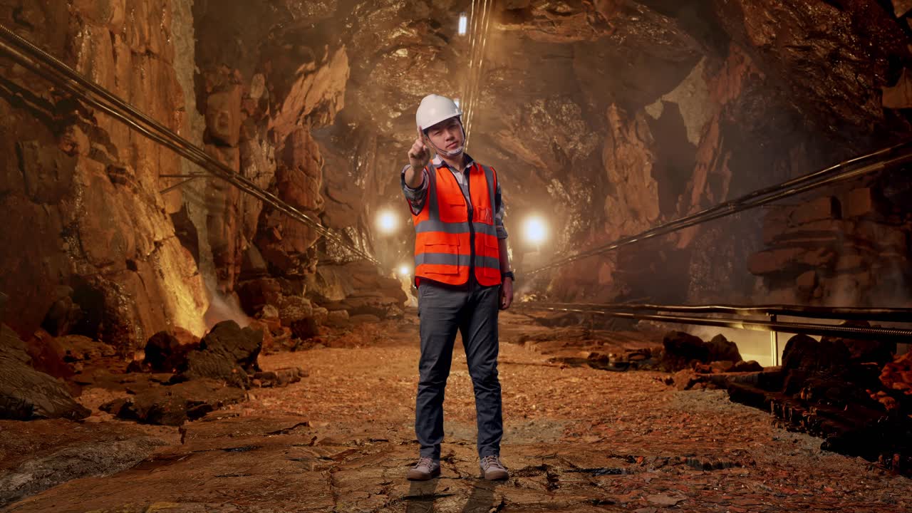 Full Body Of Asian Male Engineer With Safety Helmet Disapproving With No Index Finger Sign While Standing In Underground Mine Tunnel