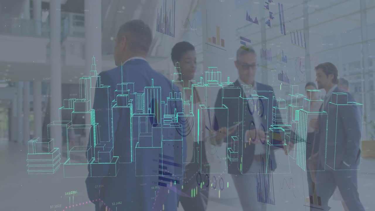 Animation of cityscape, data processing over diverse business people