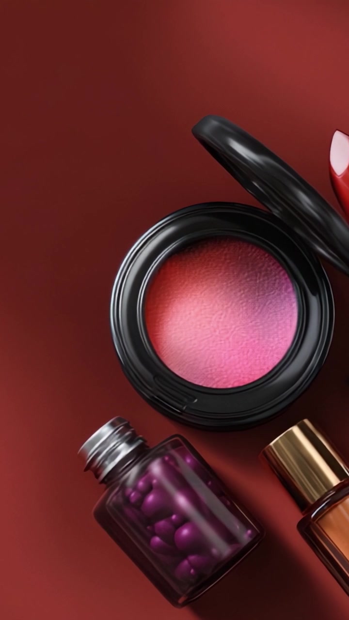 An Artistic Arrangement of Vibrant Makeup Products Featuring a Blush Compact, Nail Polish, Lipstick, and Beauty Tools on a Rich Red Background.