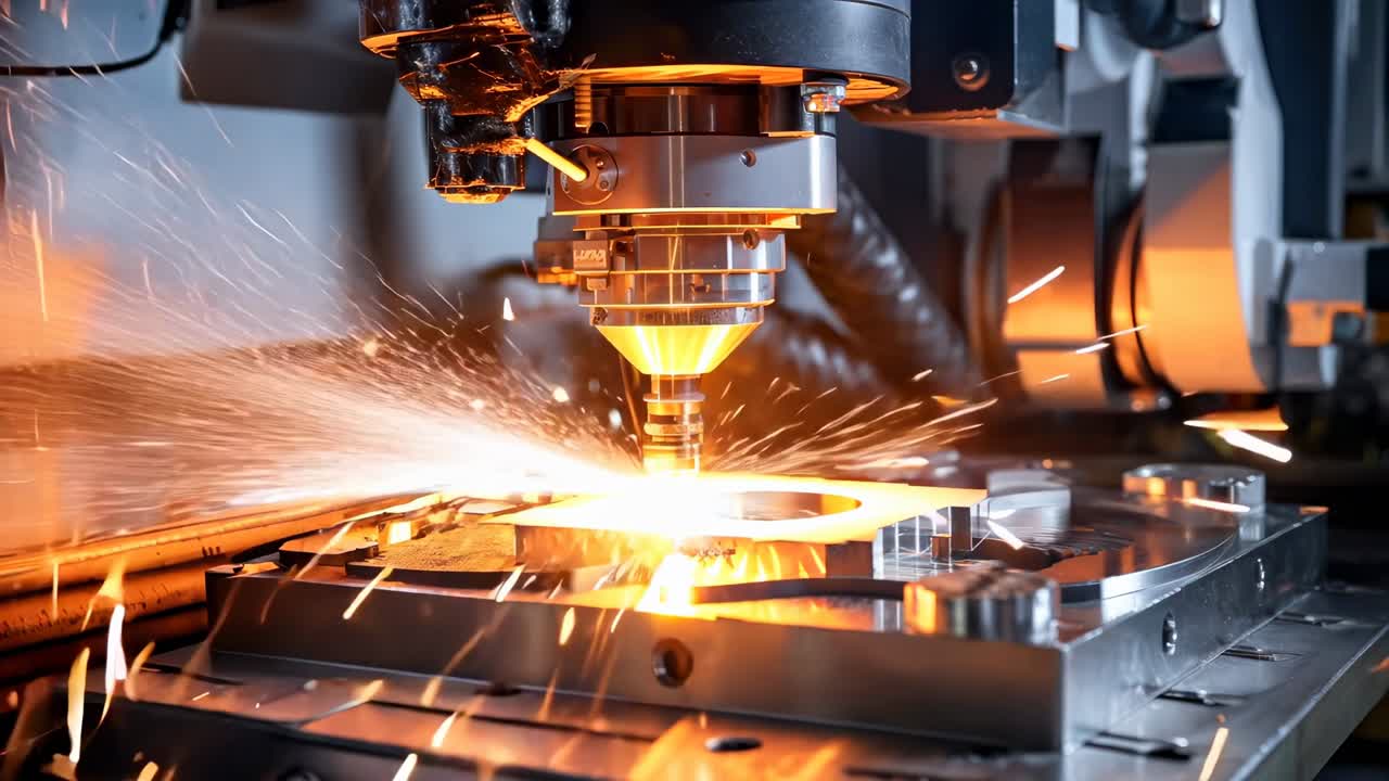 Primo piano di un video di una macchina CNC che taglia il metallo, catturando le scintille che volano
