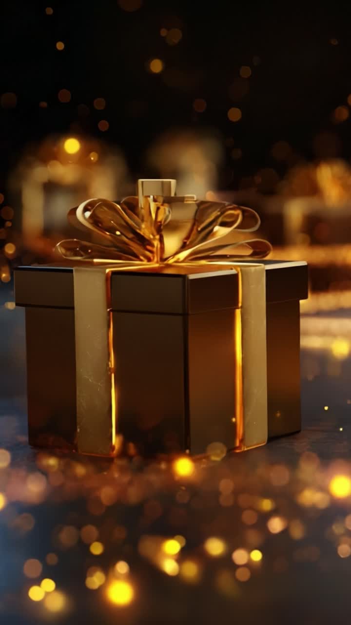 A Stunning Golden Gift Box with Elegant Ribbon and Sparkling Background, Perfectly Wrapped for Celebrations and Special Occasions, Captivating the Viewer with Its Luminous Glow and Festive Atmosphere