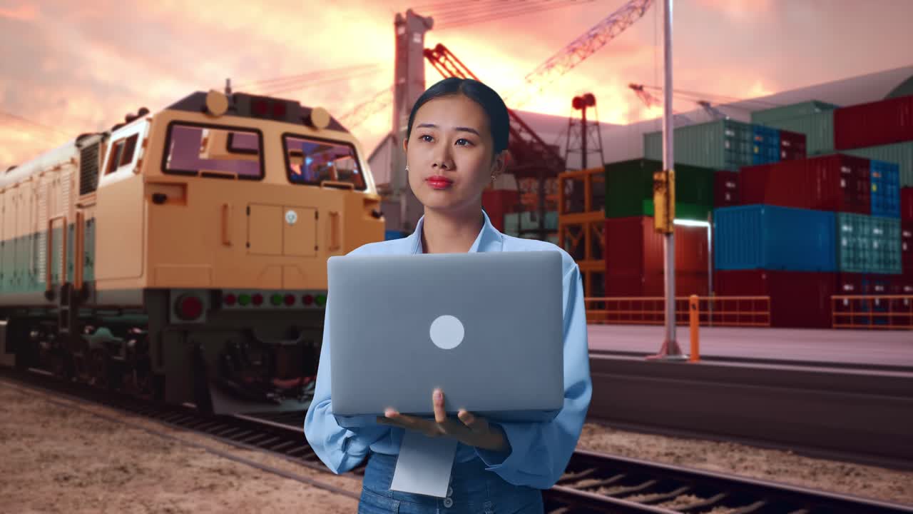 Asian Female With Her Laptop With Freight Cargo Train At Port, She Observes By Looking Around Before She Come To Concentrating With Her Laptop