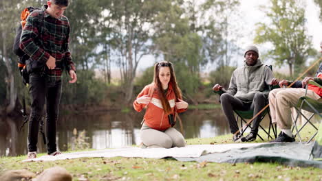 friends, camping and together in nature with lake