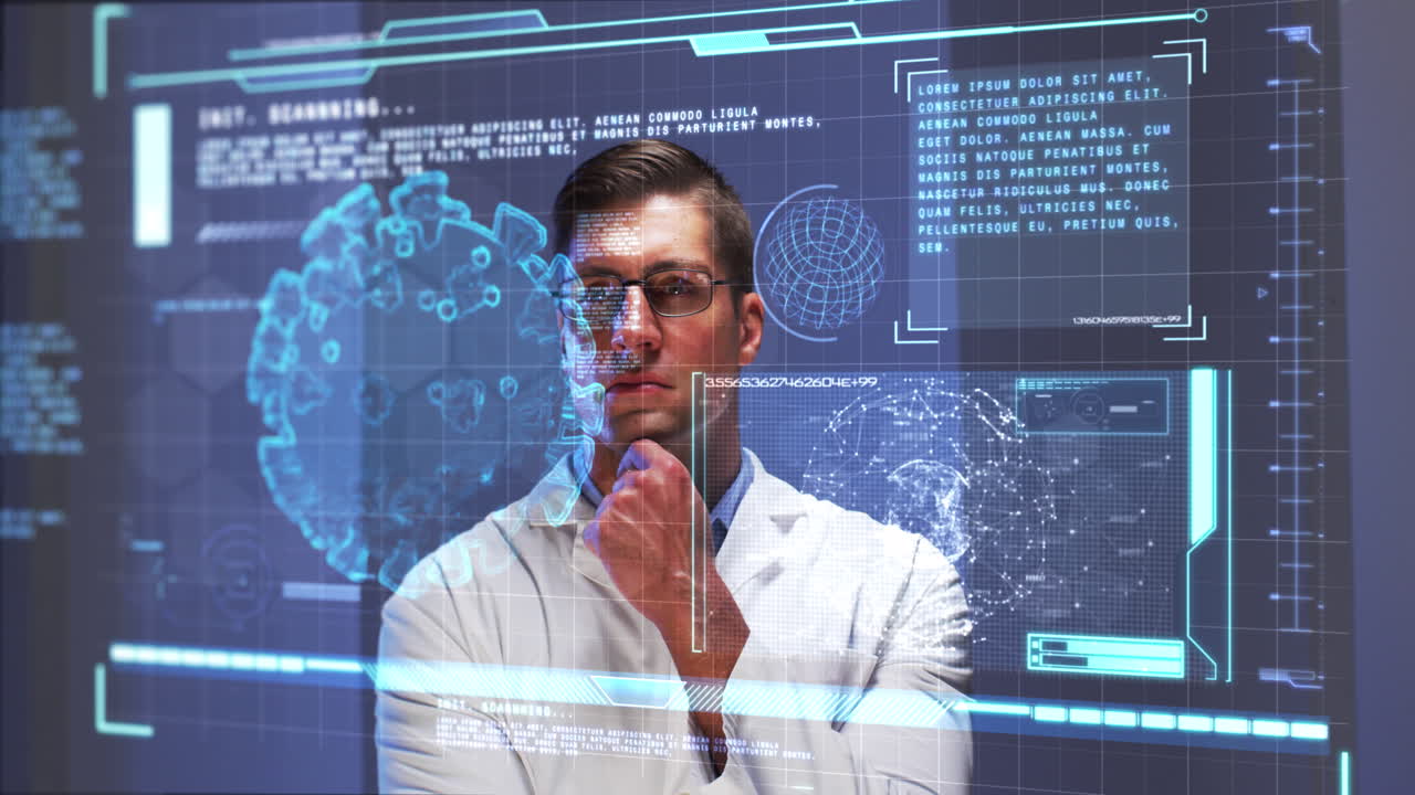 Animation of male scientist behind digital screen with covid 19 cell and medical data