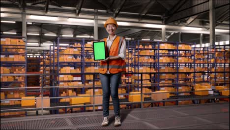 cuerpo lleno de ingeniera asiática con casco de seguridad de pie en el almacén con estantes llenos de productos de entrega. sonriendo y mostrando la tableta de pantalla verde a la cámara en el almacenamiento