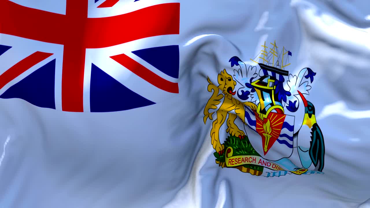 영국 남극 영토의 발이 바람 속 느린 동작 애니메이션에서 4k 현실적인 직물 질감 발 부드럽게 바람 날 연속적인 원활한 루프 배경에 불고 있습니다.