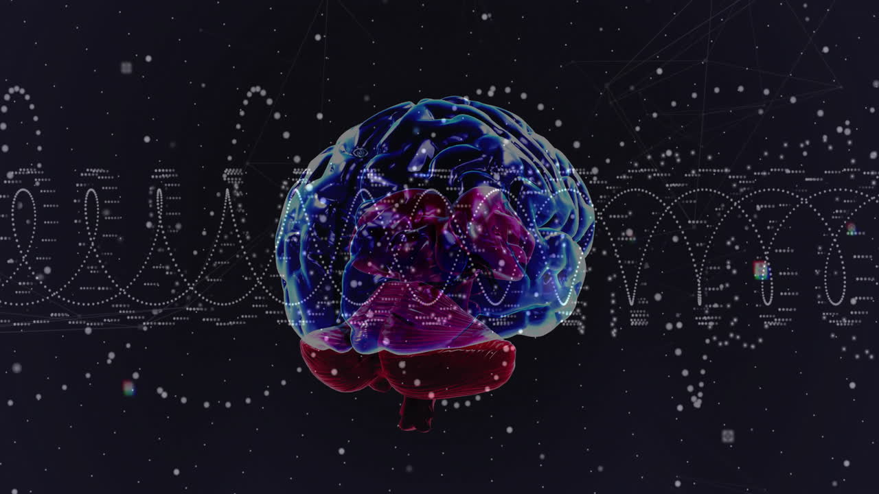 Animation of digital data processing, human brain over dna strand spinning