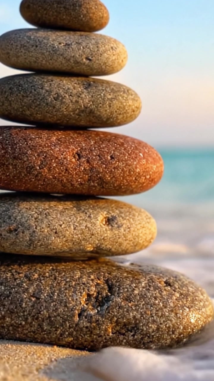 A Beautiful Stack of Smooth Pebbles on the Shore, Capturing Tranquility and Balance against a Serene Ocean Background, Symbolizing Harmony and Nature's Artistry