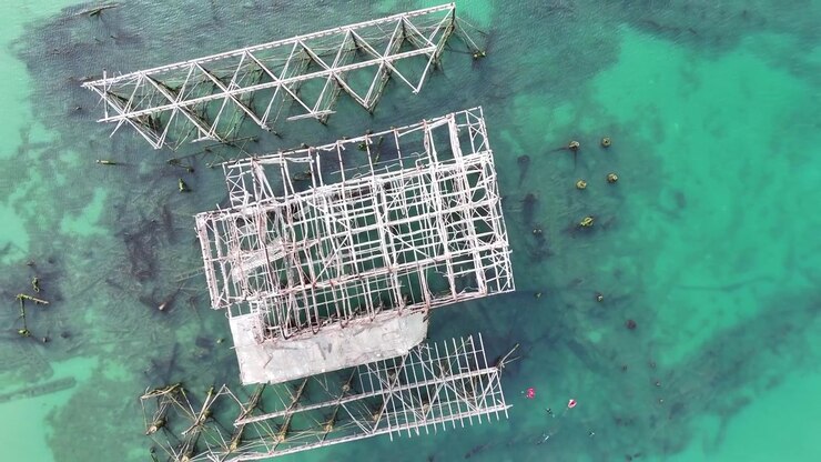 Top-down bird’s-eye drone view of Brighton’s derelict West Pier at historic low tide, revealing rare Victorian foundations, ideal for portrait or landscape formats.