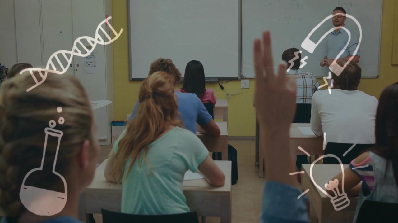 Lærer skriver ligning i klassen, ikoner pulserer, mens elev rækker hånden op, hvilket får læreren til at holde pause