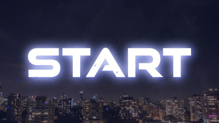 Animation of start text in glowing white with blue sparks over modern cityscape at night