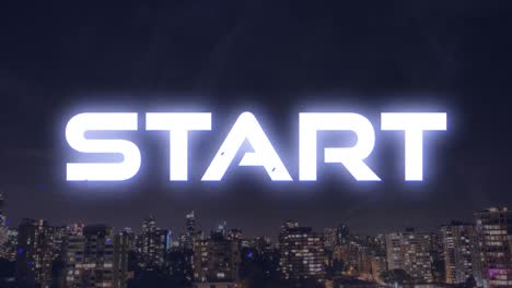 animation of start text in glowing white with blue sparks over modern cityscape at night