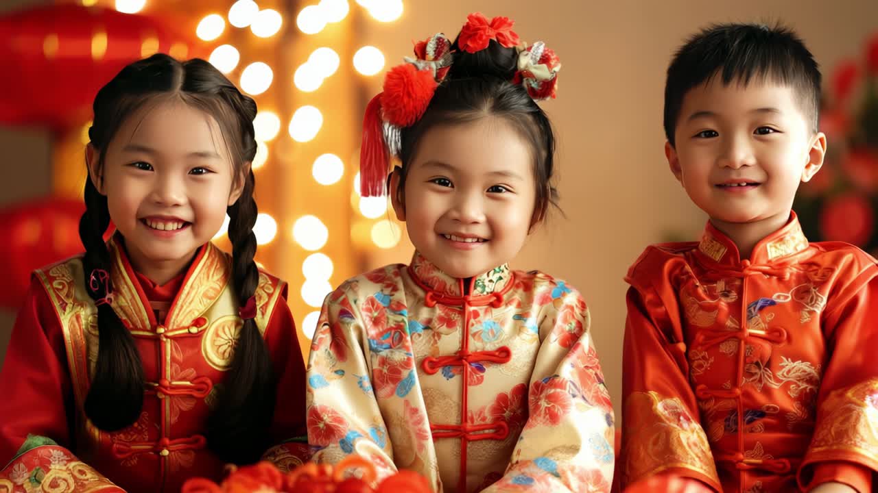Three happy Chinese children wearing traditional red clothes lying down and celebrating Chinese New Year with red lanterns and string lights in the background