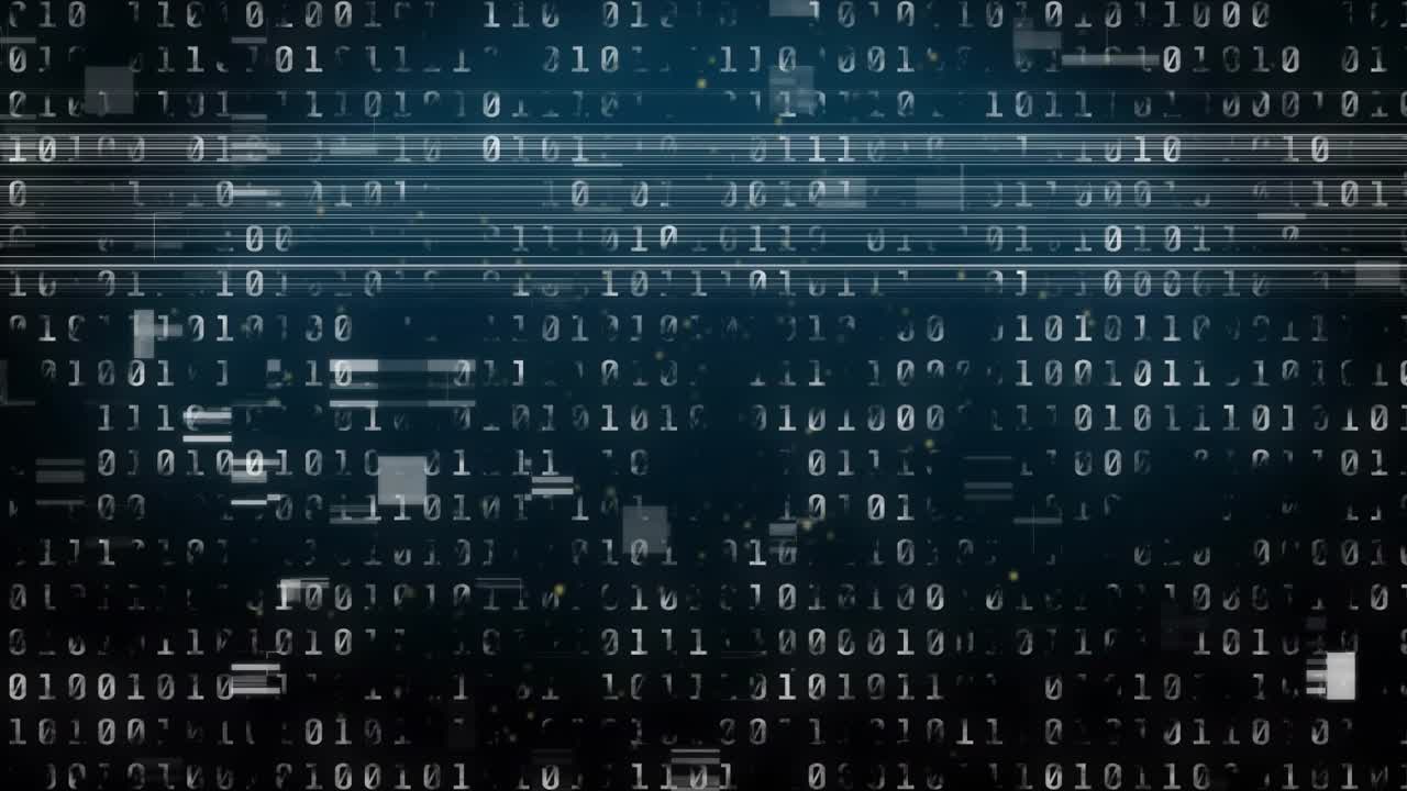 Binary digits floating across dark gradient in flat design showing glitch lines and noise artifacts