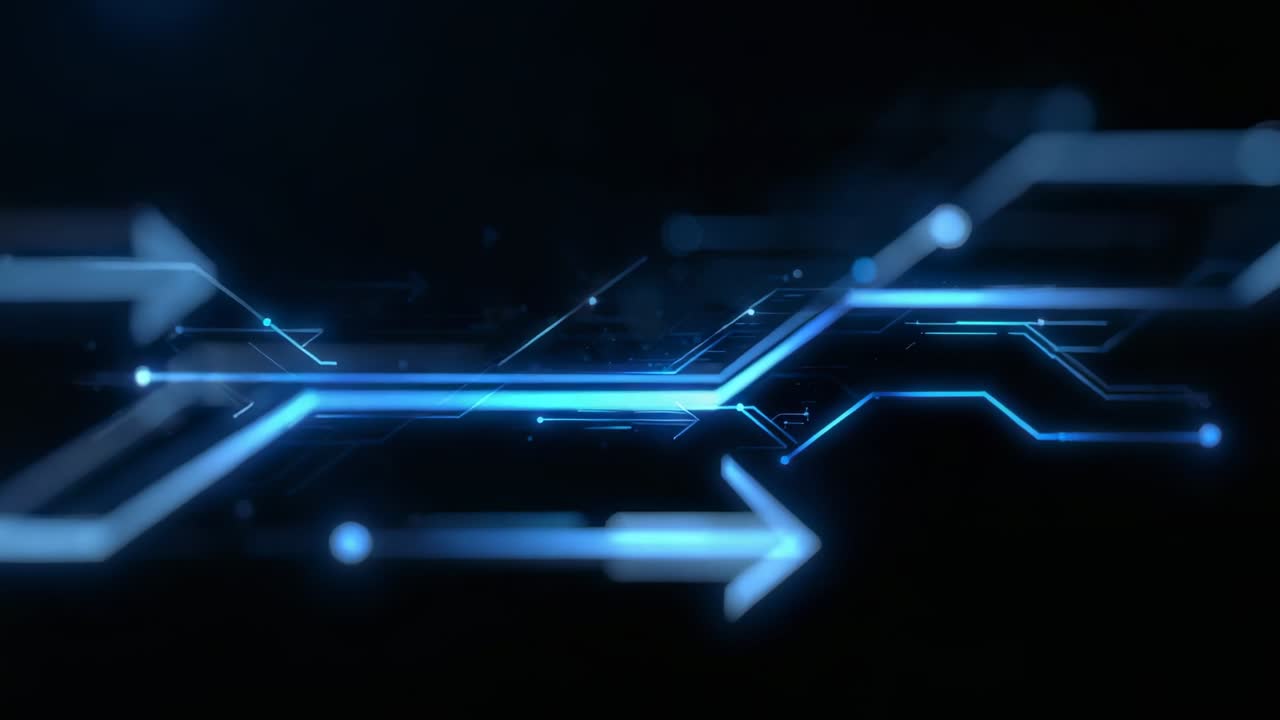 Pulsing light starting central glowing lines and arrows moving across dark HUD plane, showing depth