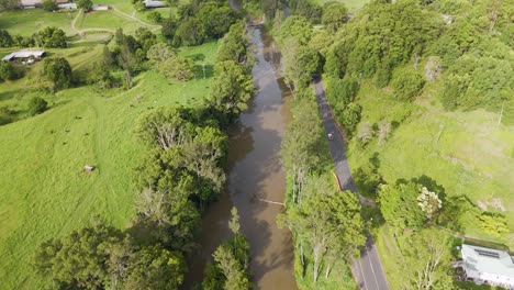 drone captures river, farmland, and greenery