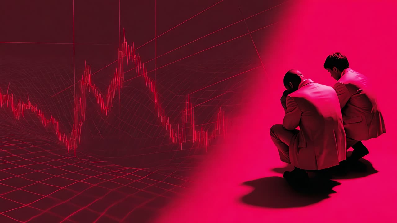 Two Businessmen Analyzing a Declining Stock Market Trend Against a Red-Overlayed Graph in a Modern Setting, Reflecting on Potential Strategies and Implications of Financial Decisions