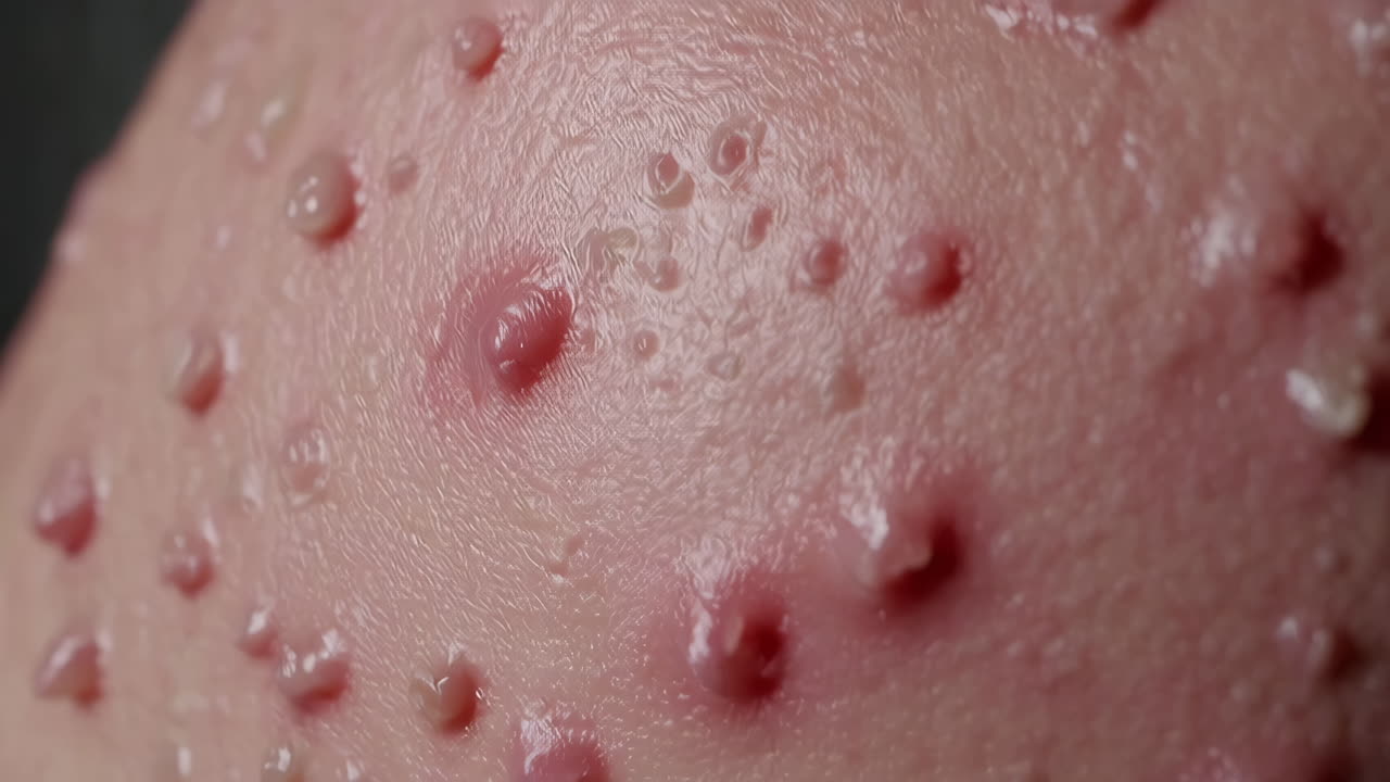 Close-up of a severe skin condition with multiple pustules and bumps