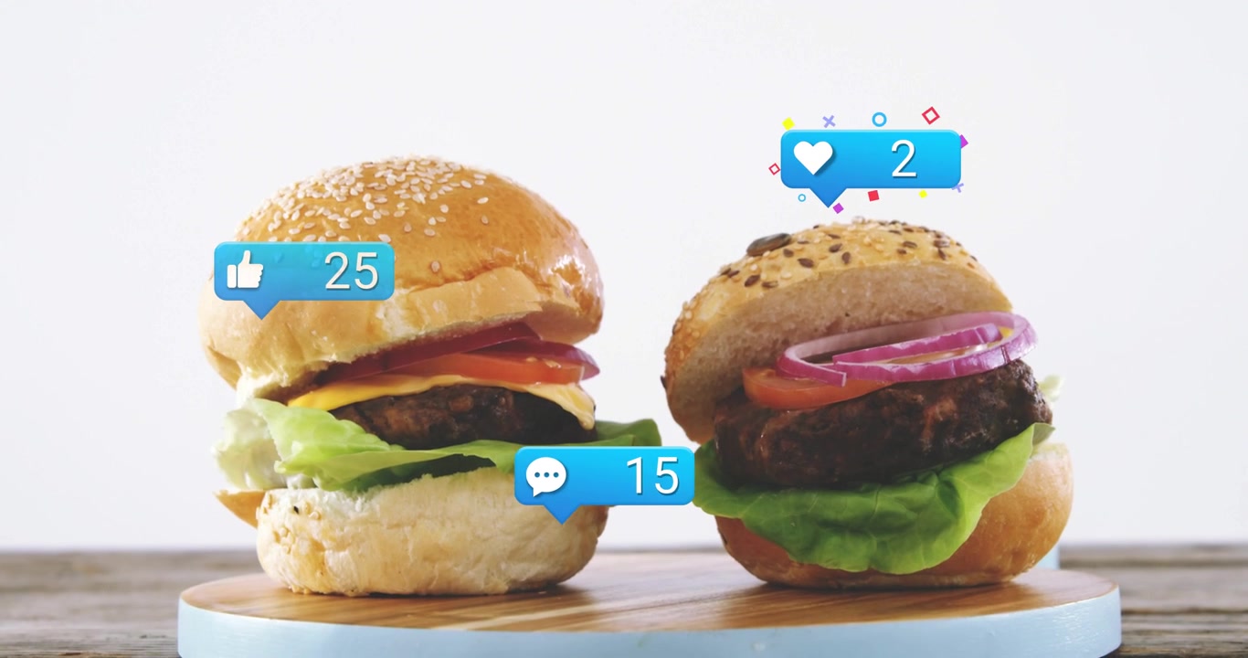 Two Delicious Burgers With Animated Social Media Engagement Icons