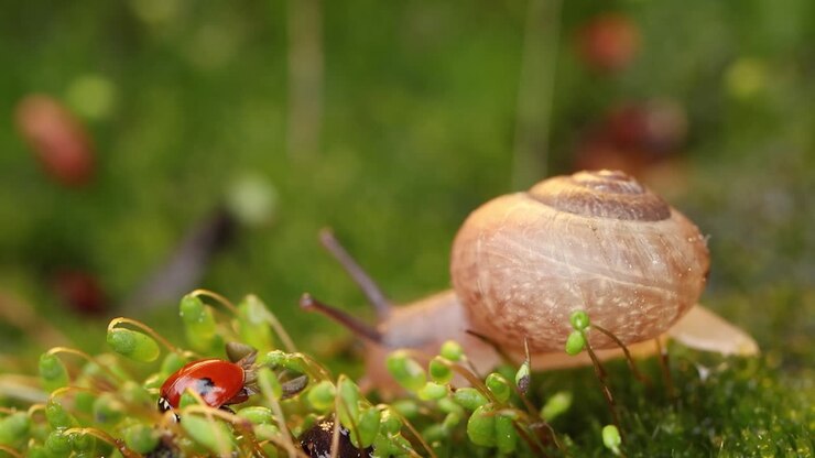 Close-up wildlife of a snail and ladybug in the sunset sunlight.