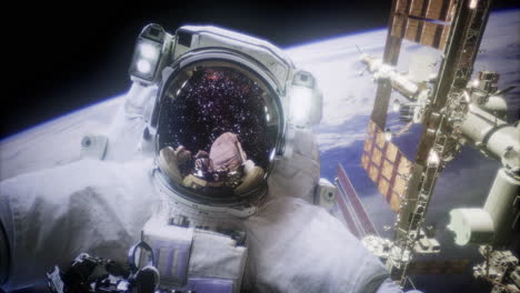 astronaut performing a spacewalk near the international space station