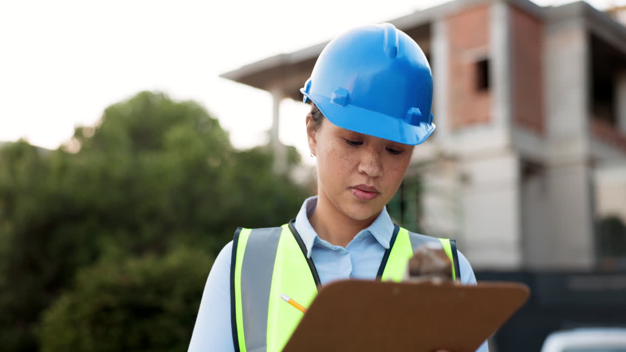mujer, pensamiento y lista de comprobación en la construcción