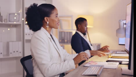 Black-woman,-computer-and-phone-call-in-office