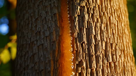 close-up of tree bark with golden sap oozing down in sunlight