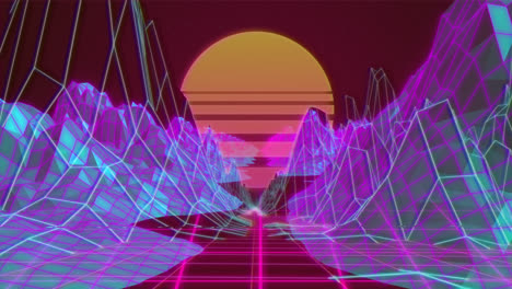 Animation-of-digital-landscape-and-sun-over-grid