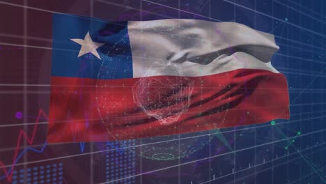 animación del procesamiento de datos estadísticos sobre la bandera de chile en movimiento contra un globo giratorio