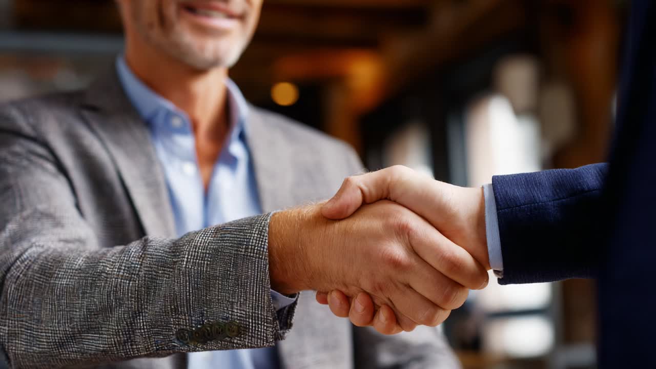A professional handshake between two men in a business setting, symbolizing agreement and collaboration, showcasing confidence, approachability, and the importance of networking in today's corporate landscape