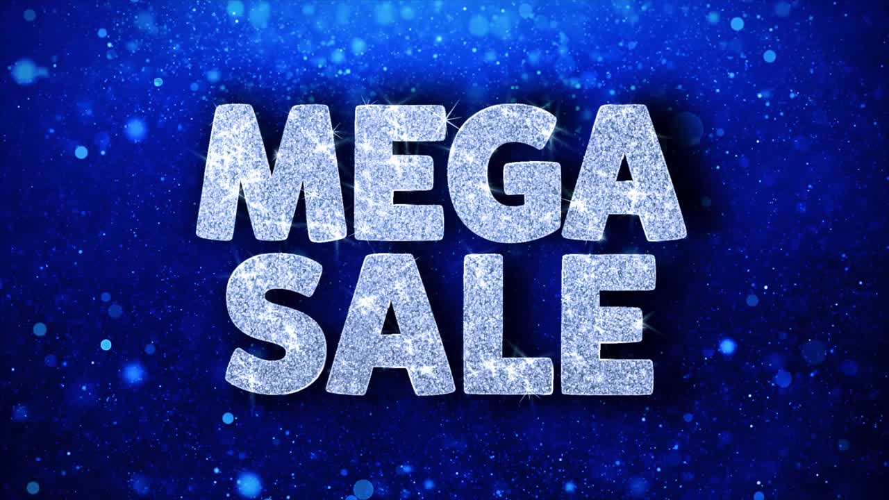 Mega Sale Glitter Text on Blue Background
