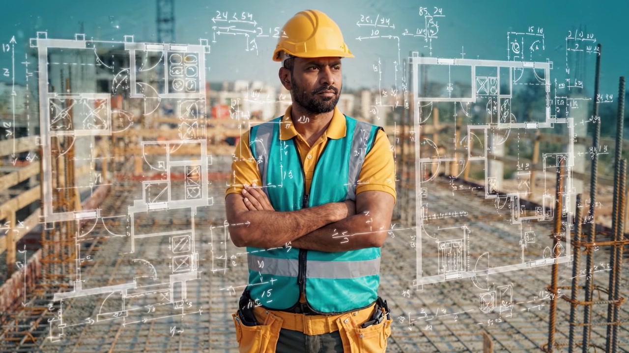 Bauleiter überwacht Projekt mit Architekturplänen auf der Baustelle und demonstriert Engagement und Präzision in Ingenieur- und Designprozessen.