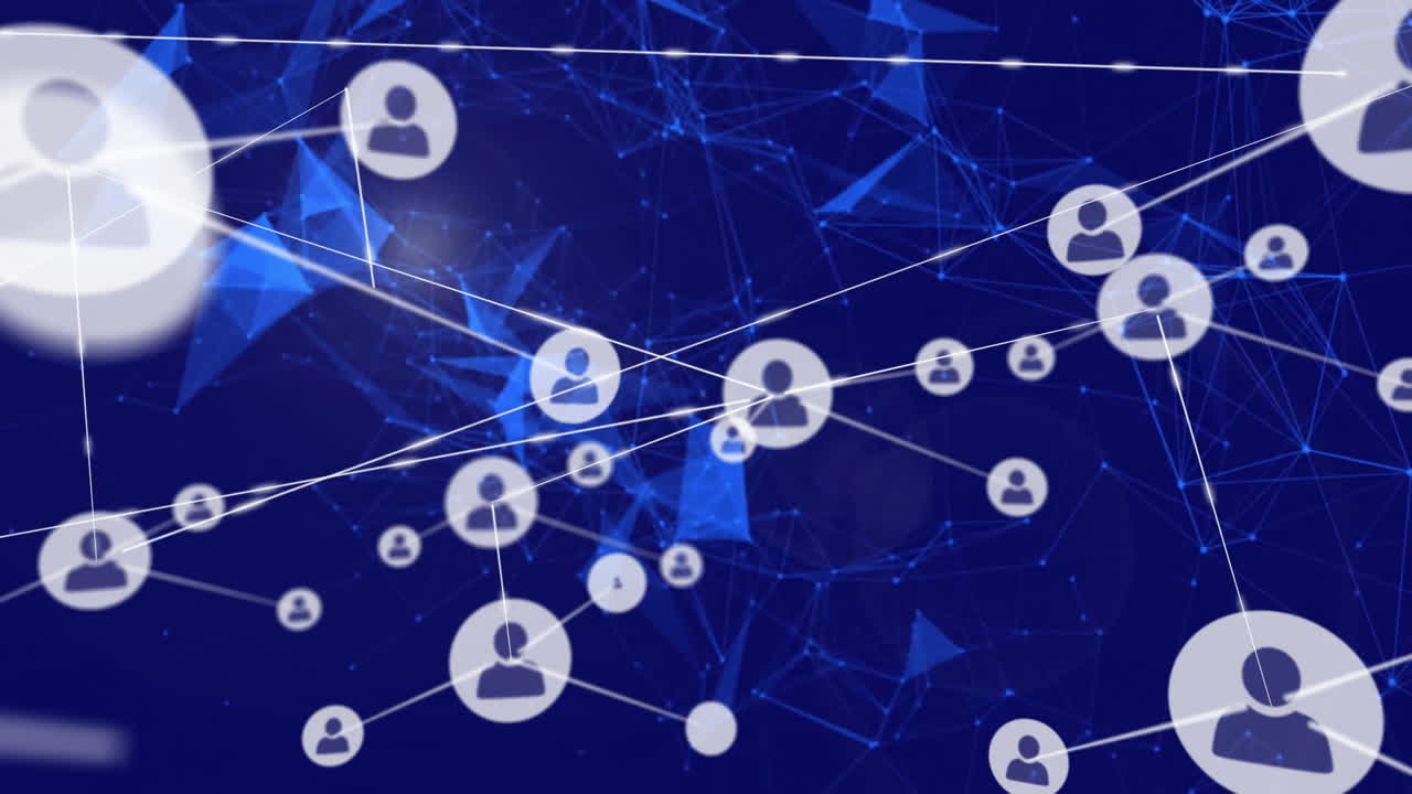 파란색 기하학적 모양 위의 연결 네트워크 및 사용자 아이콘 애니메이션