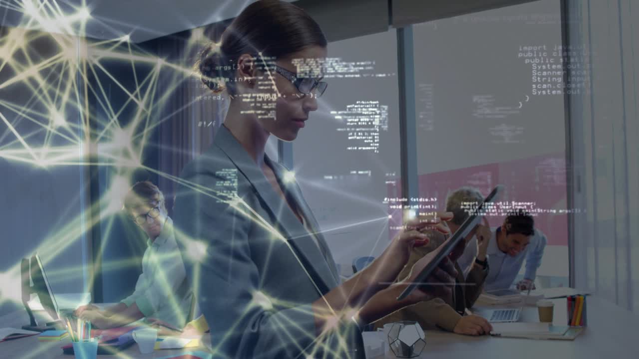 Woman tapping tablet in shared office, animating tech overlay linking team devices and syncing code