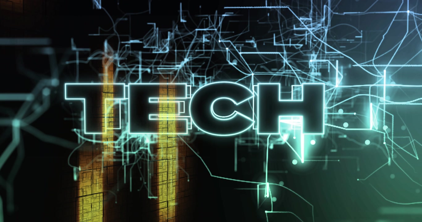 Teal lines flickering and converging into TECH letters while amber bars sliding, creating tech vibe